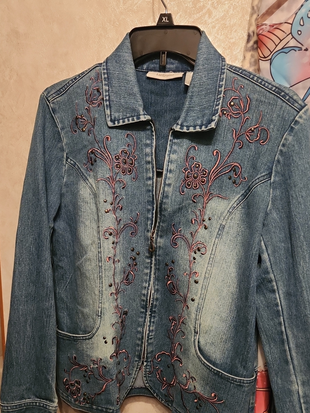 Tantrums Blue Denim Jacket with Pink Floral Embroidery